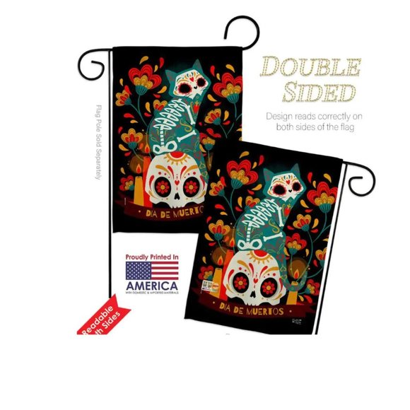 Breeze Decor Suger Skull Gato Fall Time Day of Dead Halloween Cat Garden Flag - Picture 2 of 2